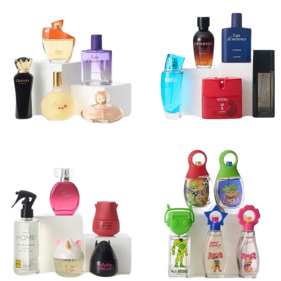 JAFRA Perfumes A Variety of bottles of various shapes, sizes and colors of JAFRA perfumes. Ideal for Women, Men, Kids and Home Sprays
