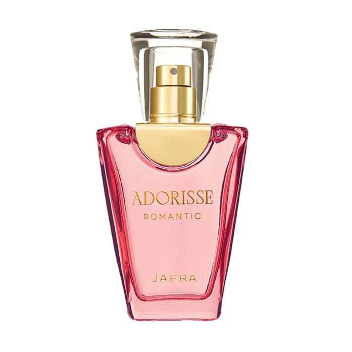 Jafra Perfume A bottle of JAFRA Adorisse Romantic perfume in a pink bottle tapered at the bottom,(has an inverted triangle shape in general), the top has a golden spray nozzle with a clear cap over the nozzle. The words Adorisse Romantic are written in gold in the cente