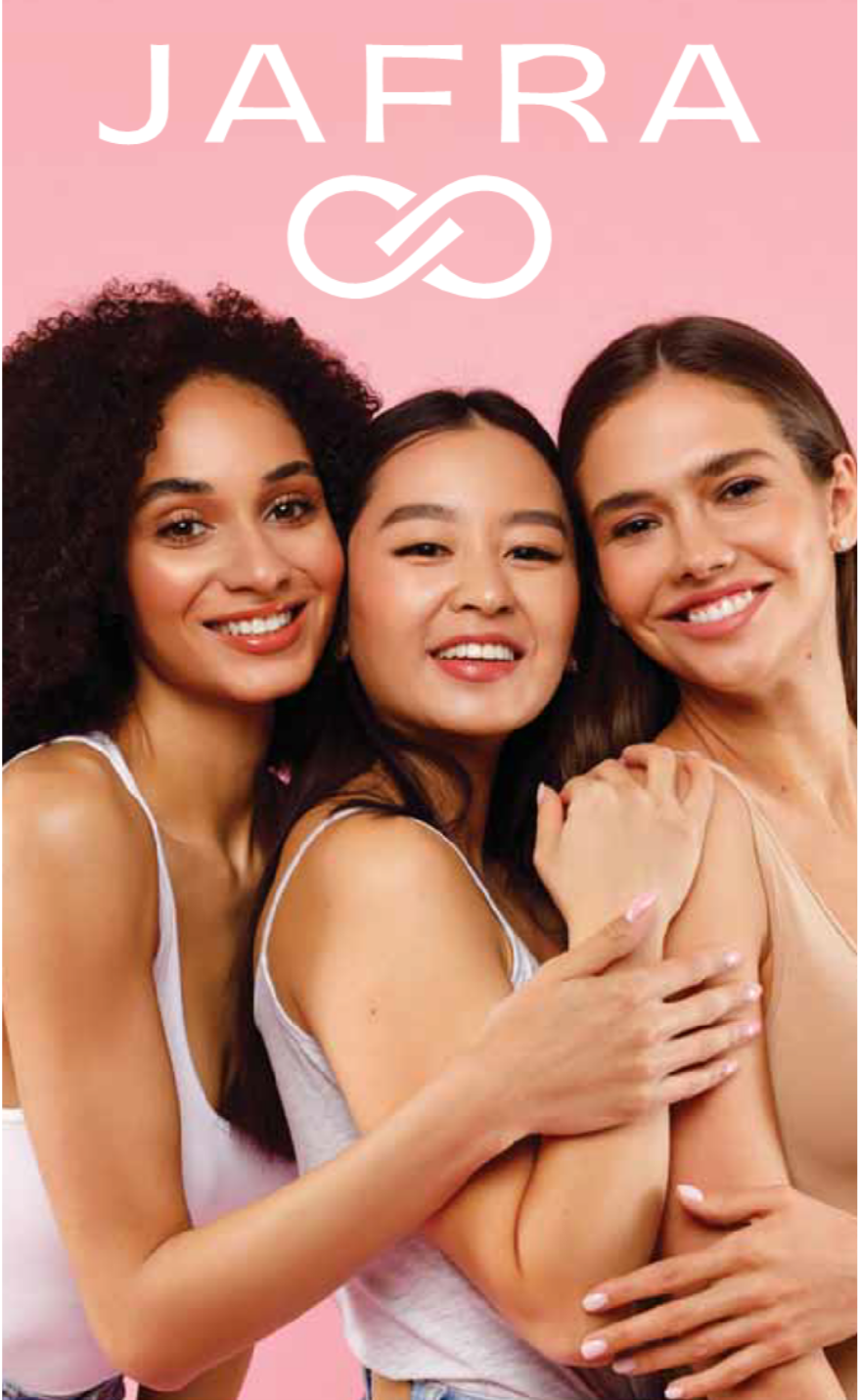 JAFRA Skincare JAFRA Women, 3 women of various ages and skin tones standing together back to back.