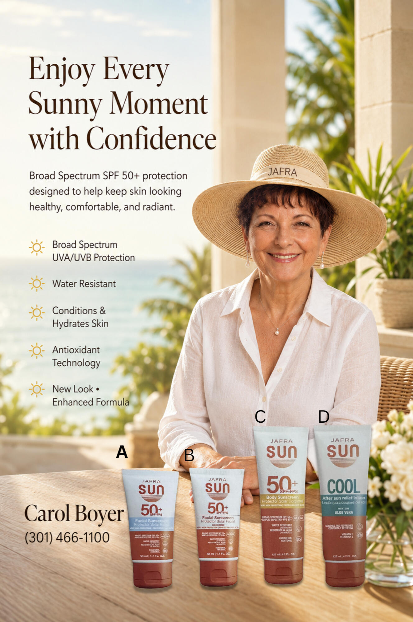 JAFRA Skincare Image talking about sun protection lotions. A photo of Carol wearing a straw sun hat, an open buttoned white shirt, sitting at a table with 4 sun protection lotions in front of her. Text in image "Enjoy Every Sunny Moment with Confidence Broad Spectrum S