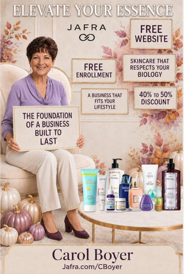 Image talking about sun protection lotions. A photo of Carol wearing a straw sun hat, an open buttoned white shirt, sitting at a table with 4 sun protection lotions in front of her. Text in image "Enjoy Every Sunny Moment with Confidence Broad Spectrum S